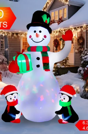 Christmas Inflatable 6.3FT Snowman with Penguins Gift Box